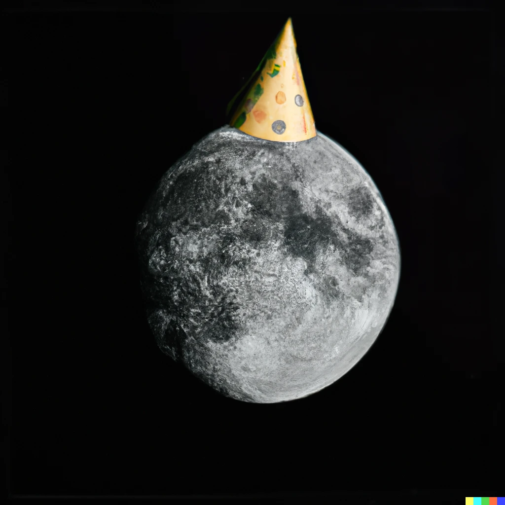 Prompt: Photograph of the Moon with a party hat