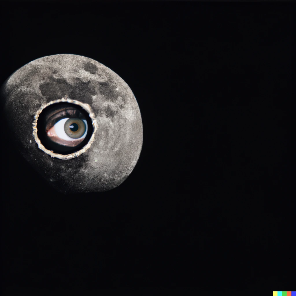 Prompt: Photograph of glowing eyes shining through a hole in the Moon