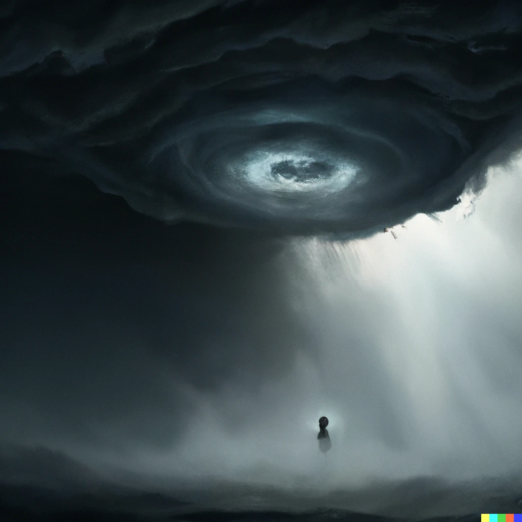 Prompt: the eye of the storm peering at a small figure, digital art