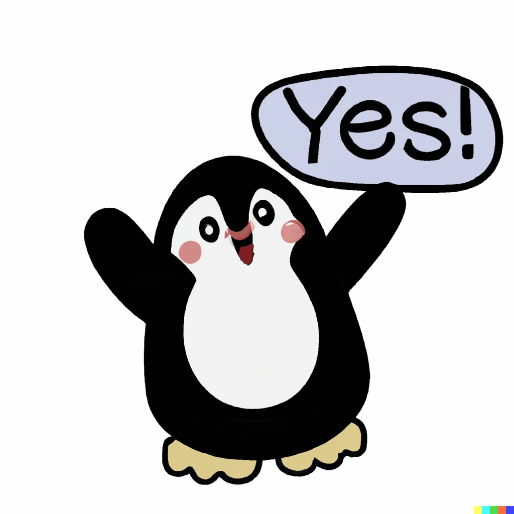 Prompt: Sticker design of a penguin saying "Yes."