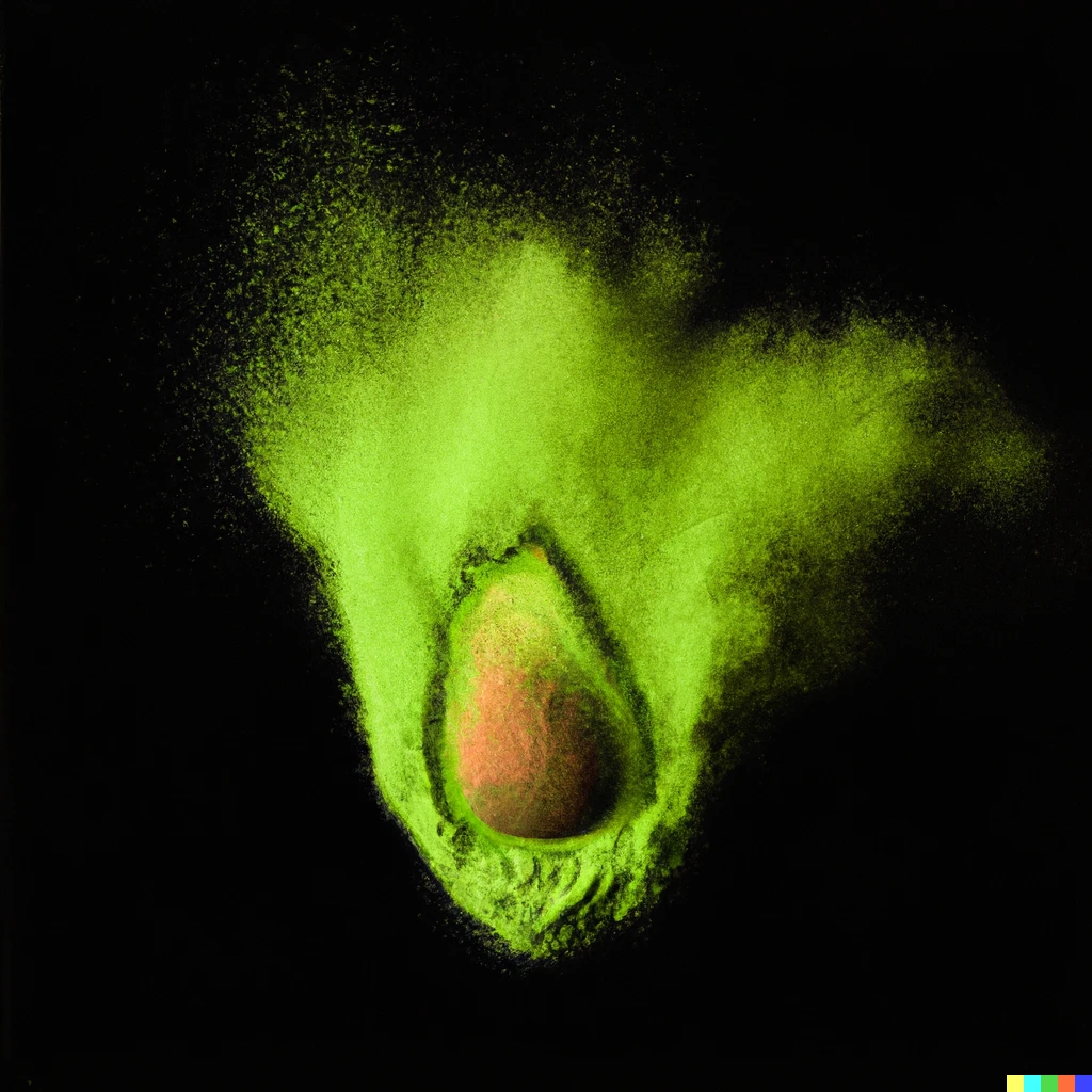 Prompt: An explosion of colored powder in the shape of an avocado against a black background