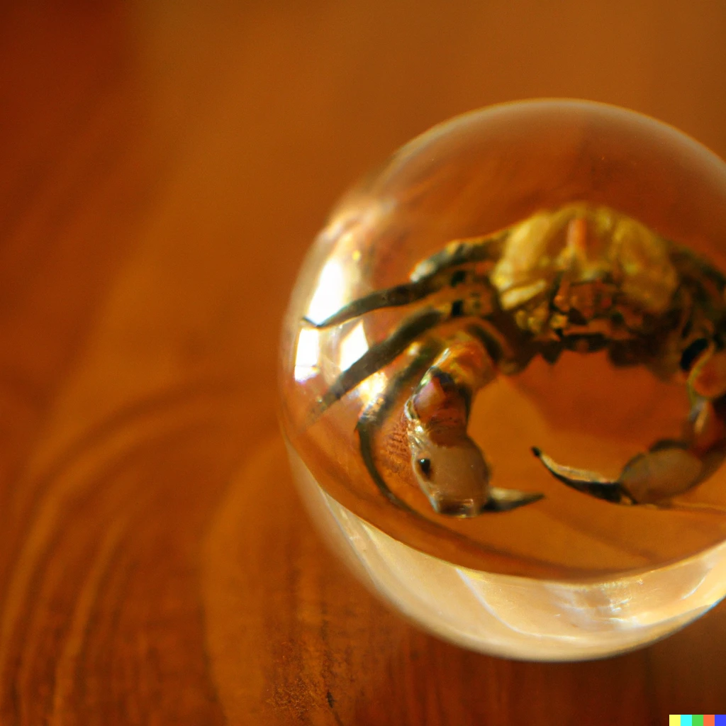 Prompt: A glass sphere sitting on a table. Inside the sphere, there is a crab. Photography.