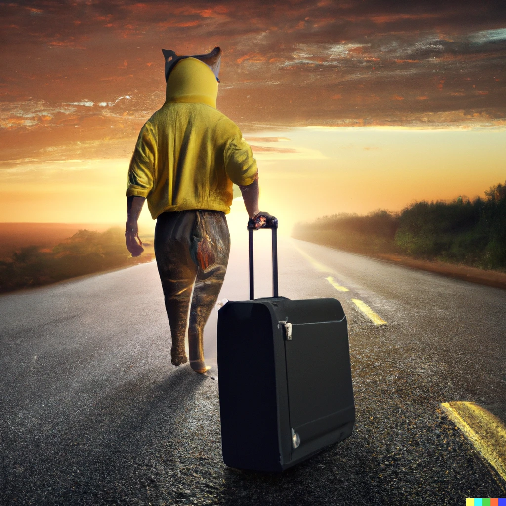 Prompt: A cat in a tracksuit walking away from the camera down a long road at sunset pulling luggage on wheels.