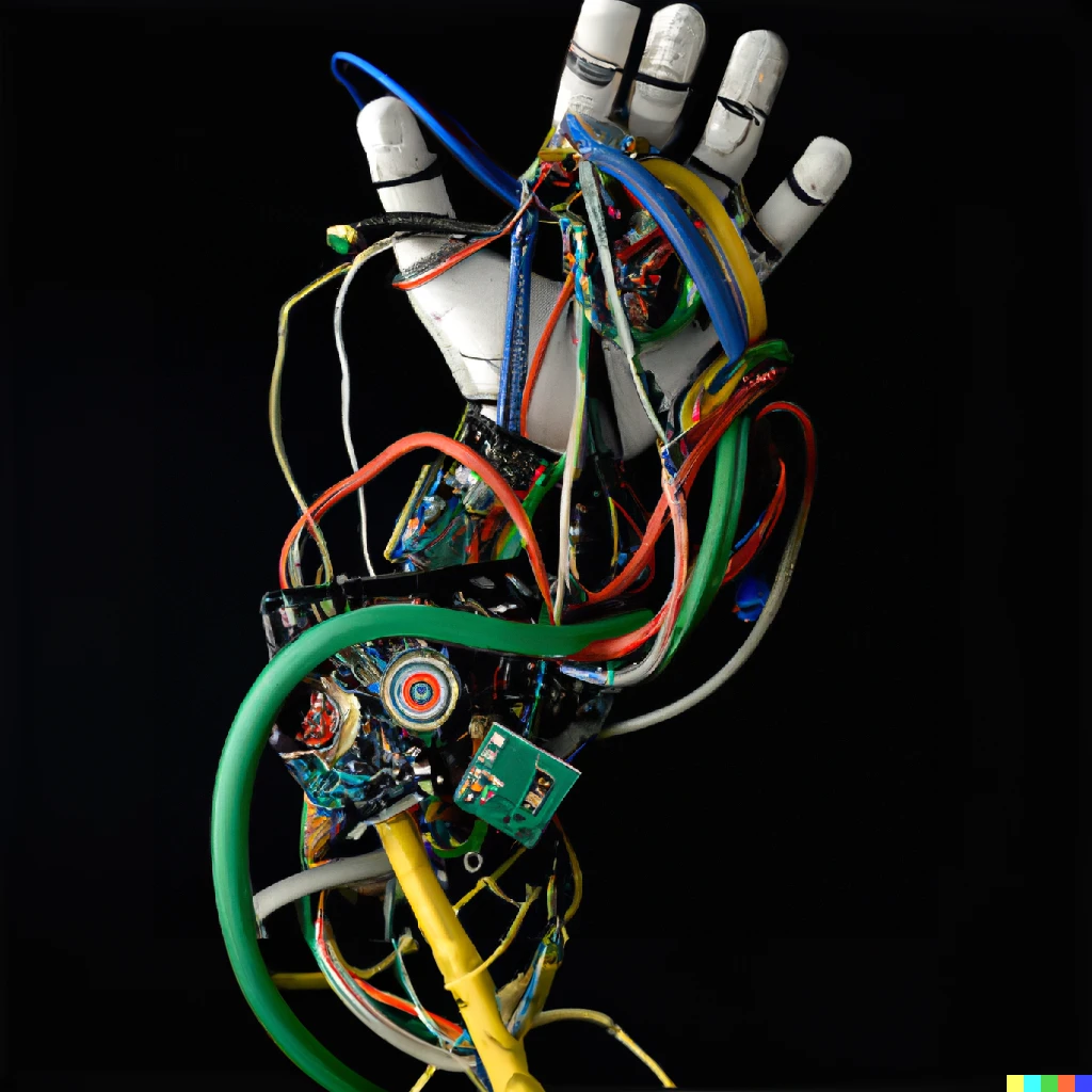 Prompt: A robot hand that looks like it was made from spare parts, with wires and circuit boards visible, photography