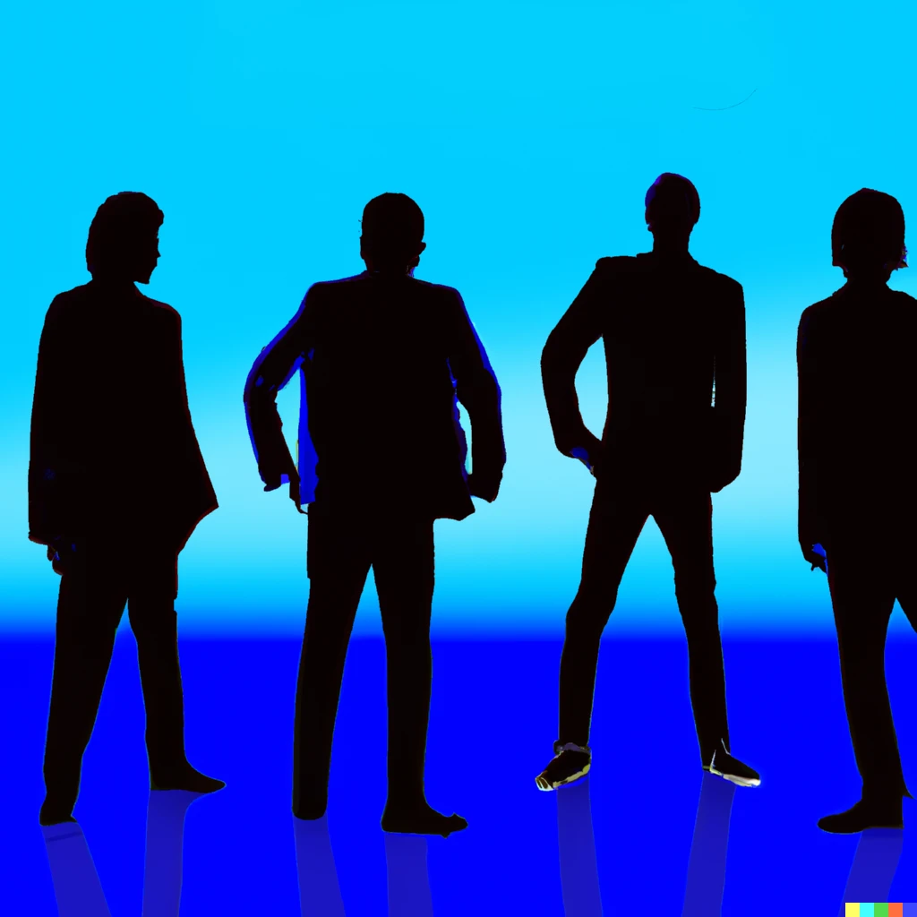 Prompt: 4 black silhouettes standing in front of a blue background, album cover art, Andy Warhol style