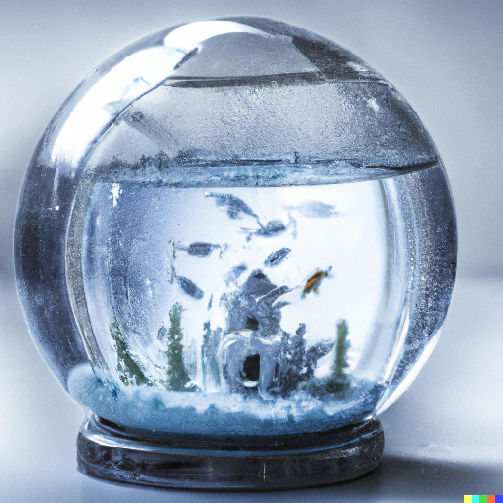 Prompt: An aquarium in the shape of a snowglobe, photography