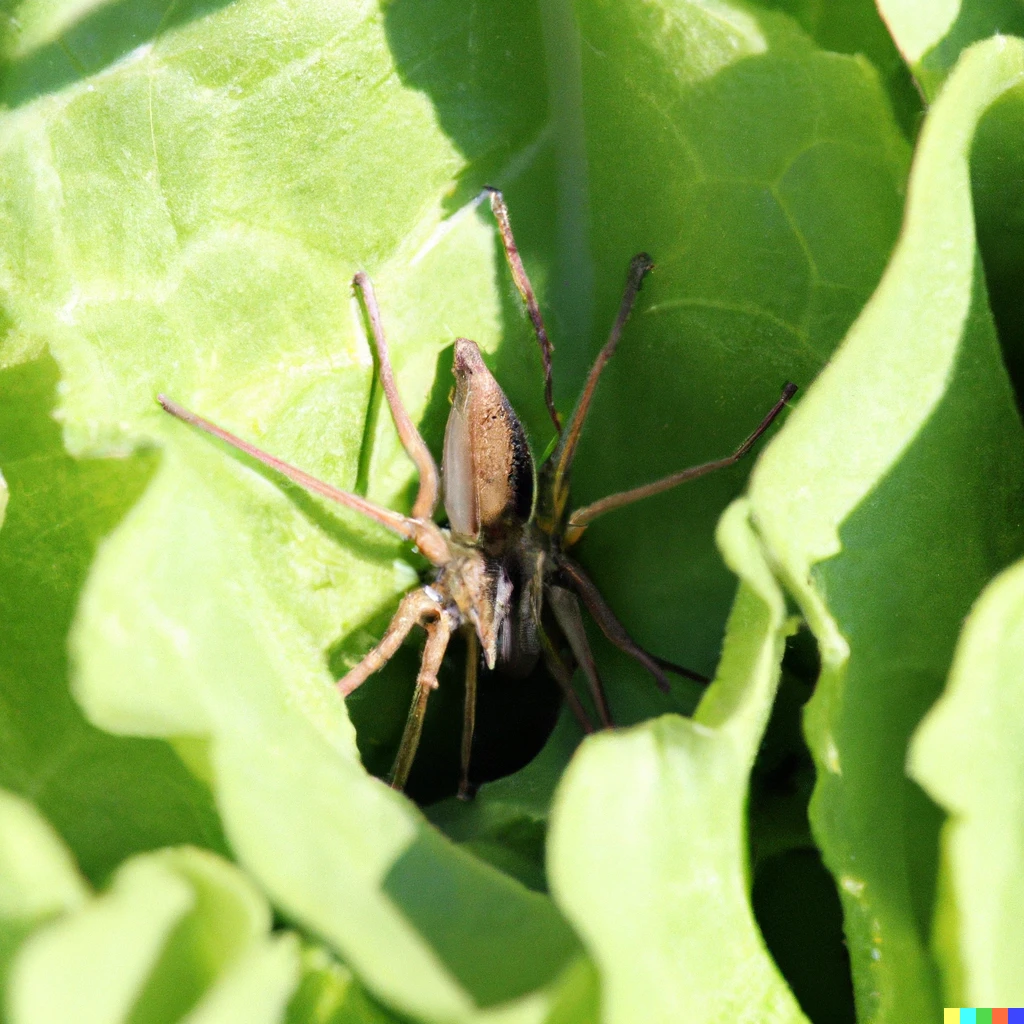Prompt: A large spider hiding in a salad, photography