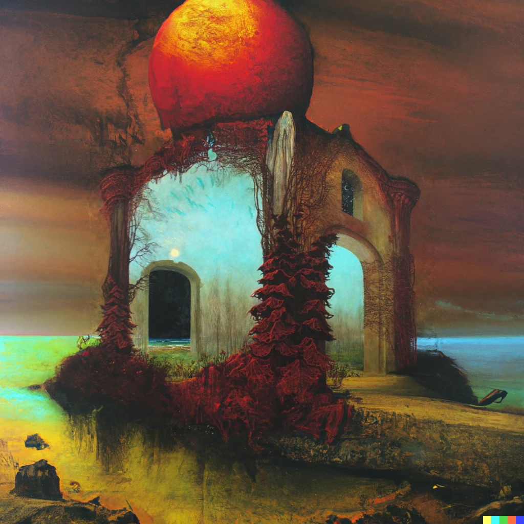 Prompt: A painting by Zdislaw Beksinski of a small building with red plant like growths on it