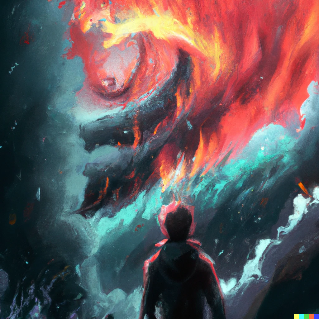 Prompt: A man staring up at a tornado of fire and ice, digital art 