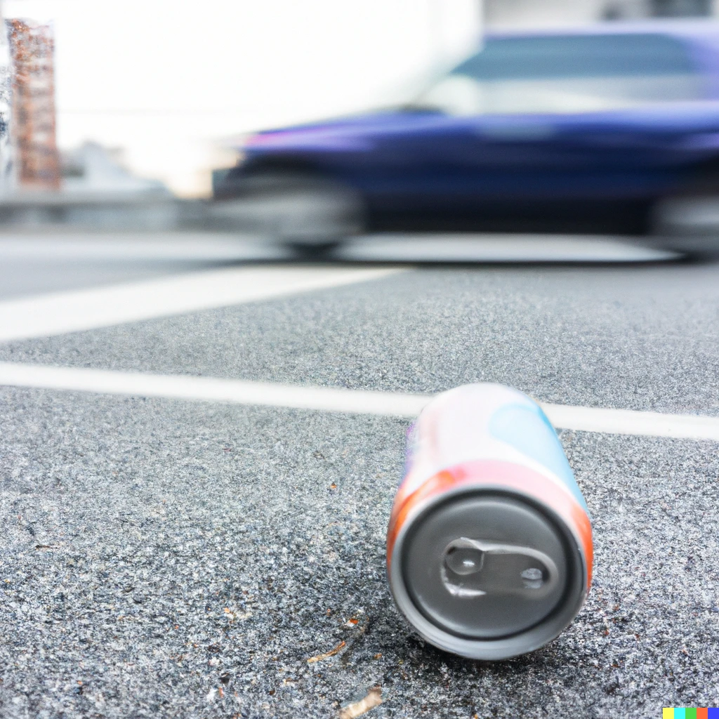 Prompt: A can of soda on the street, with a car rushing by