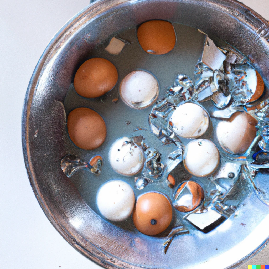 Prompt: scrap metal and rotten eggs in a bowl full of milk, product photo