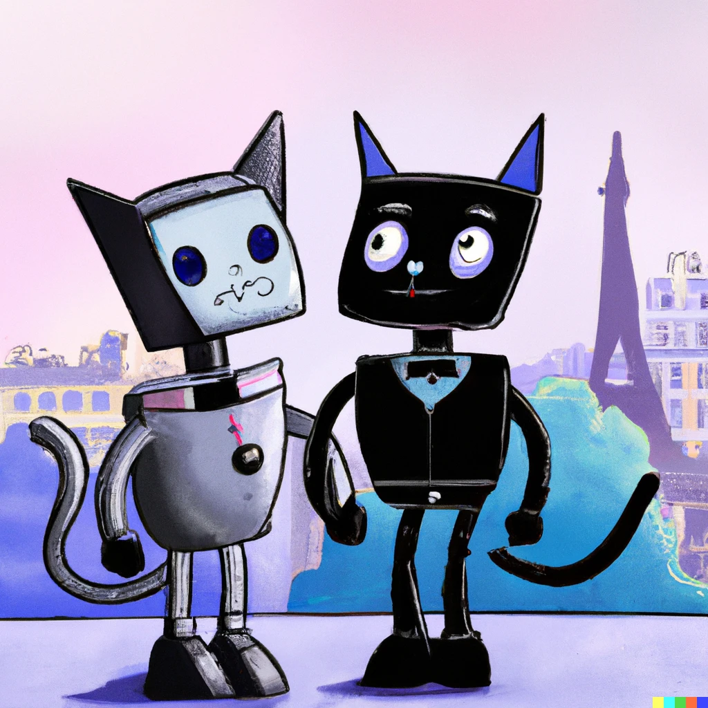 Prompt: Two robot cats on a date in Paris. They are both male. Digital art.