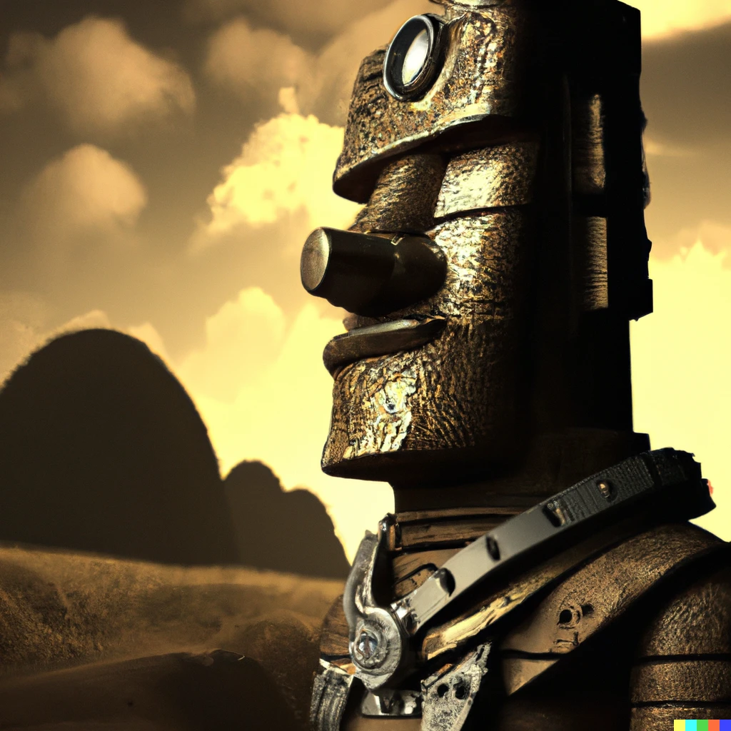 Prompt: A moai statue in a steampunk style, digital art