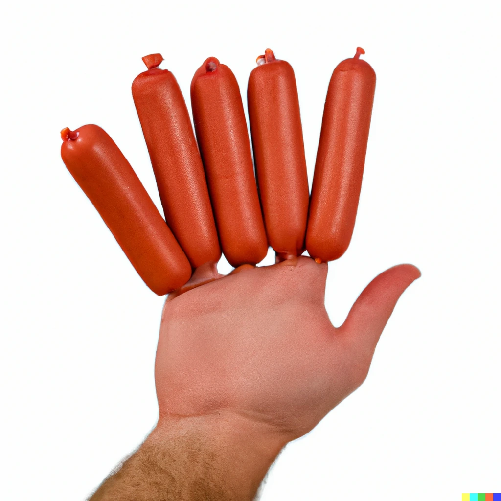 Prompt: a hand with sausages instead of fingers, photography