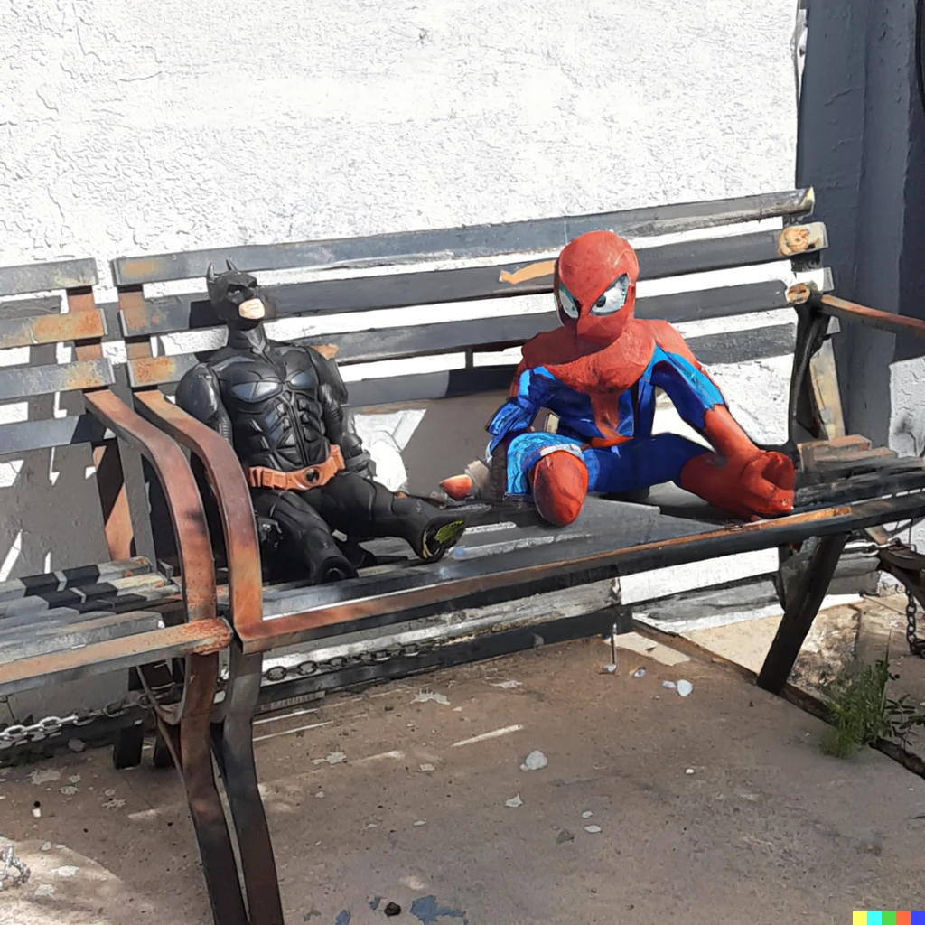 Prompt: A batman toy sitting on a bench, spiderman is sitting next to him