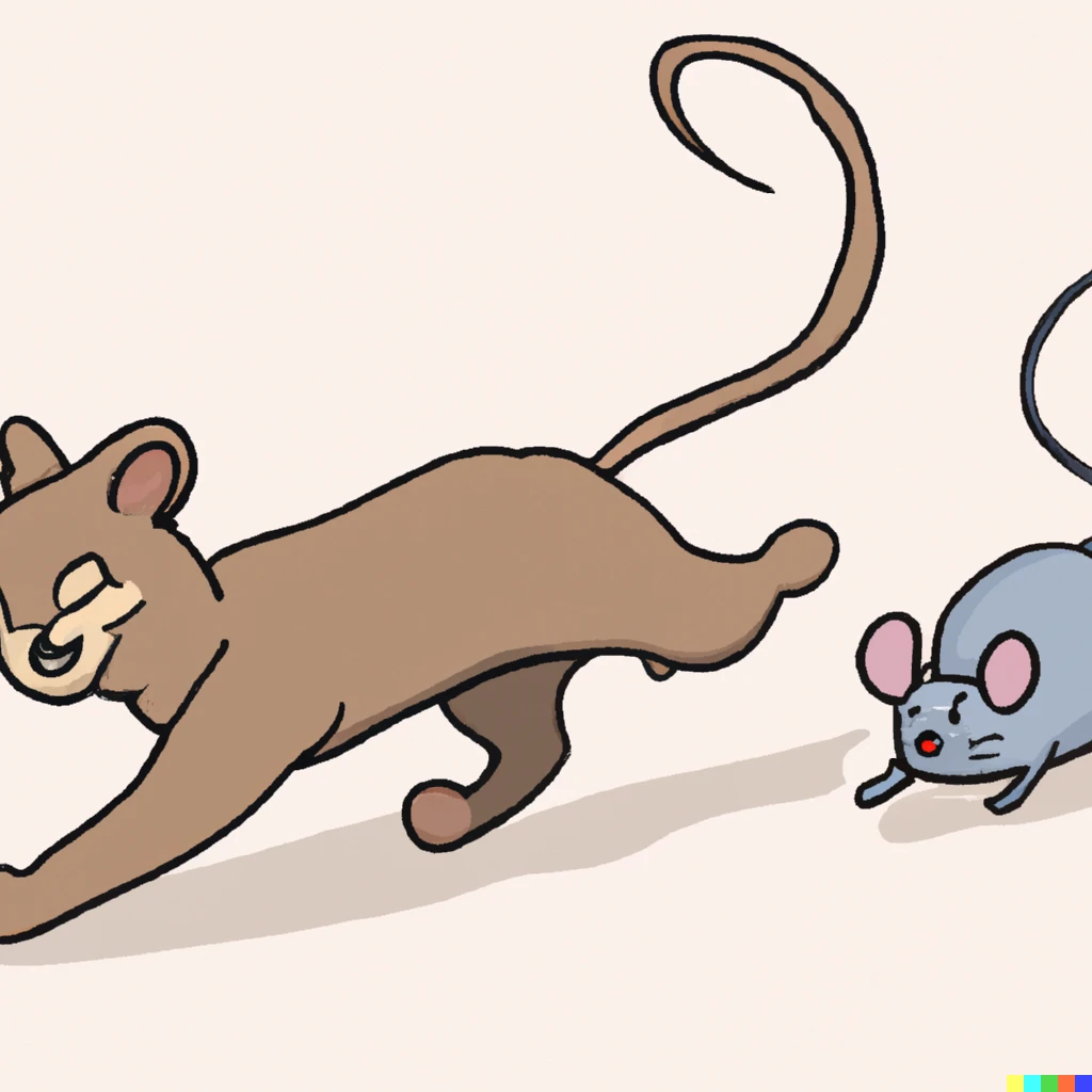 Prompt: an oversized mouse chasing after a smaller cat. the cat is showing a fearful expression. cartoon art style