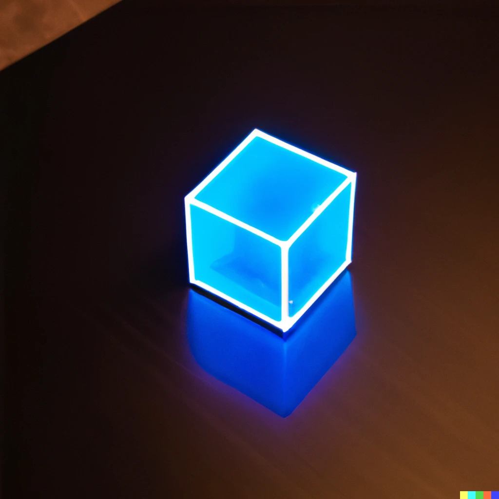 Prompt: A cube made of neon sitting on a table.