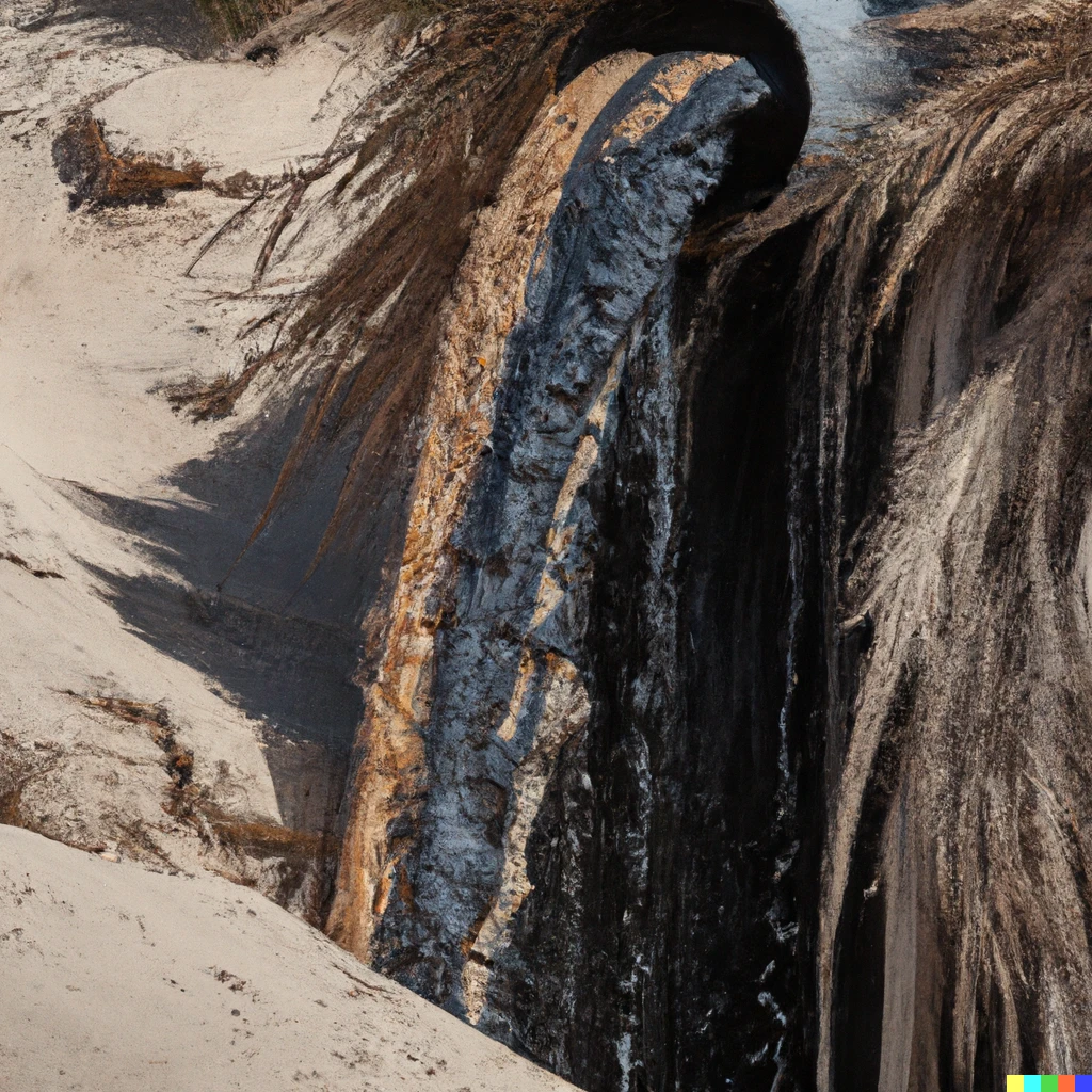 Prompt: A waterfall of black motor oil in the Sahara Desert