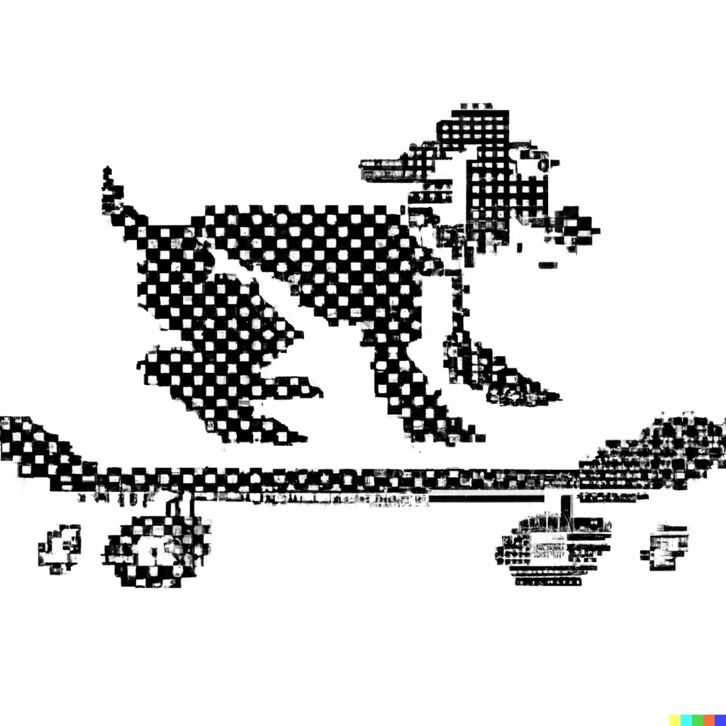 Prompt: A dog riding a skateboard in the style of ASCII art