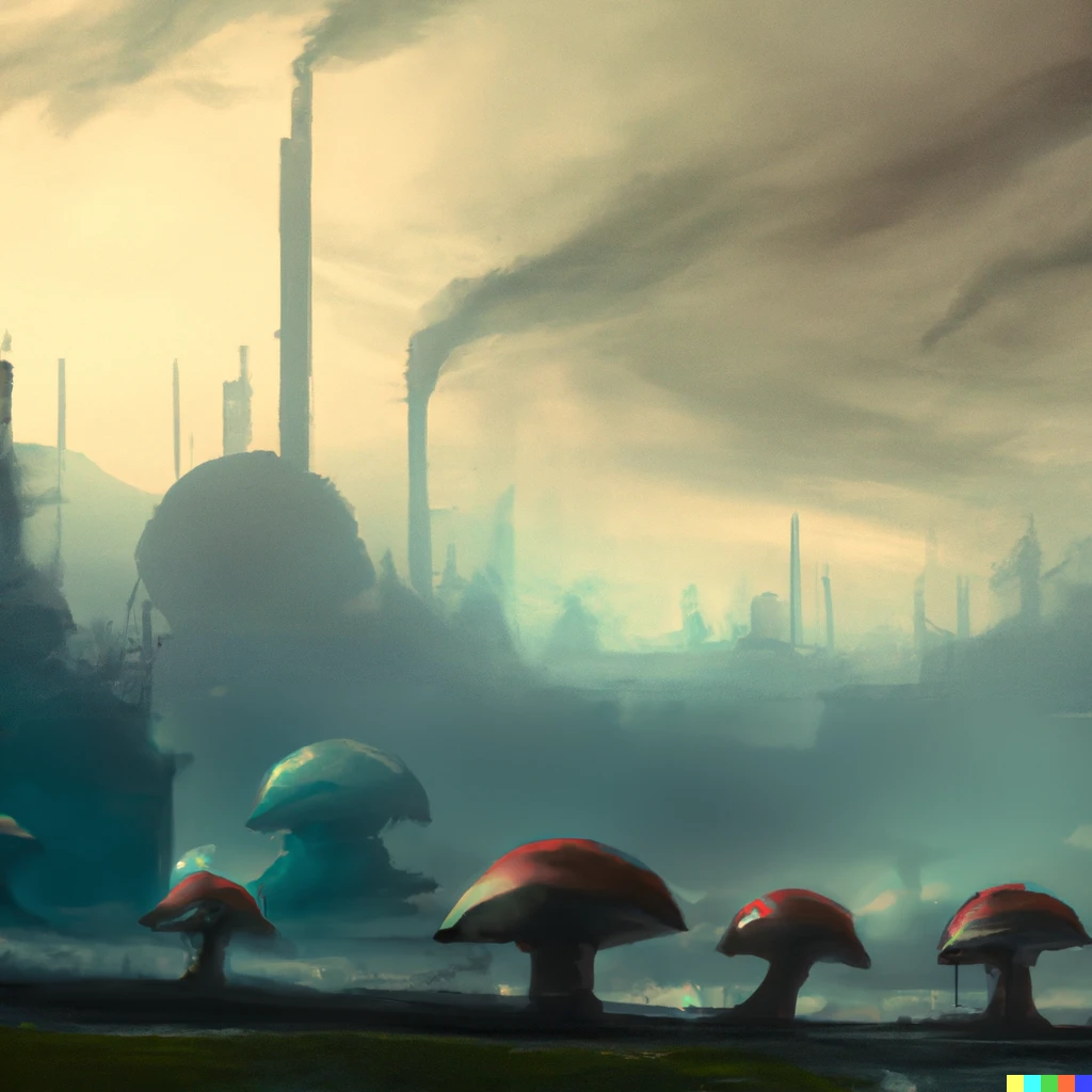 Prompt: a beautiful fantasy mushroom forest, with factories emitting smog in the background, digital art