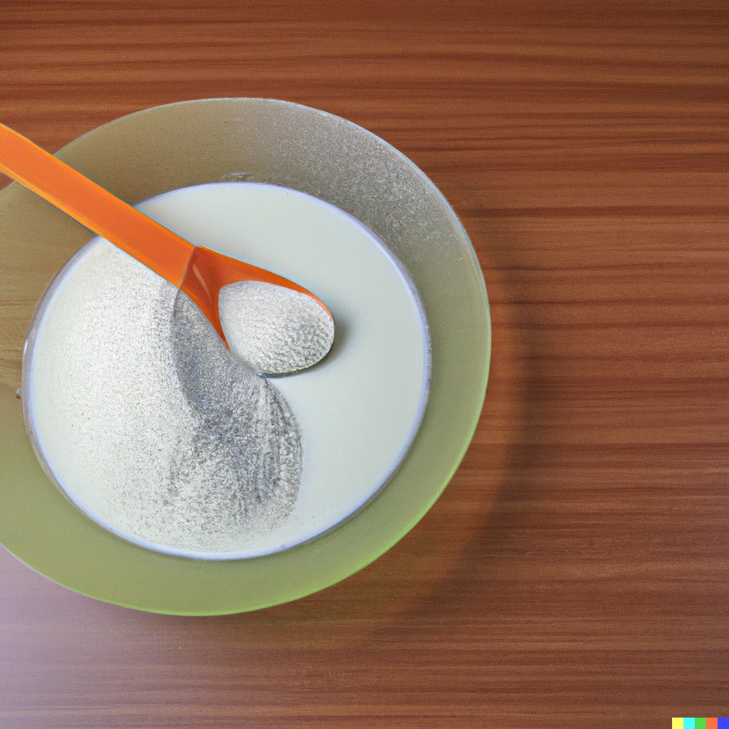 Prompt: a bowl full of sand and milk on a table, with a spoon in the bowl, photography