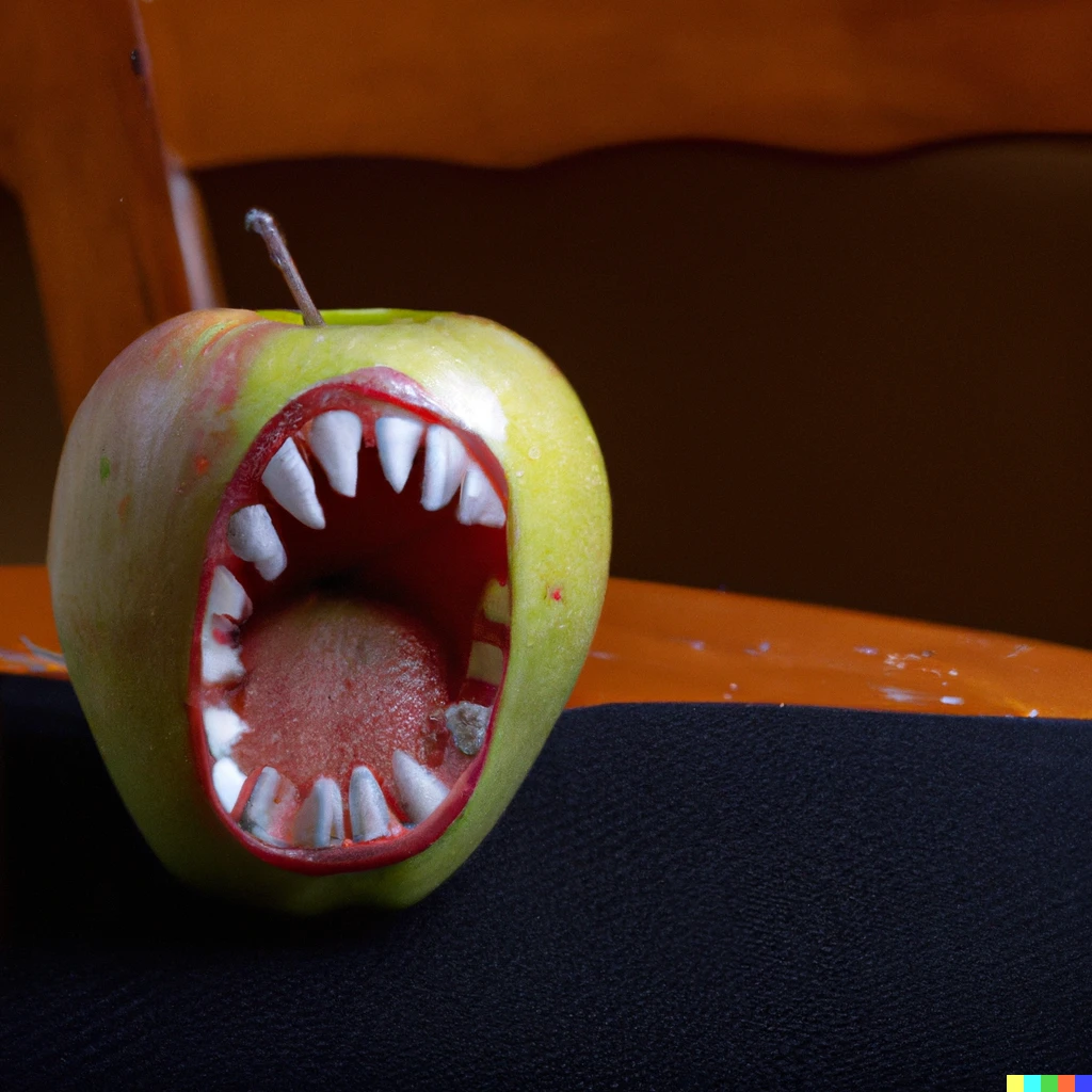 Prompt: An apple with teeth sitting on a table