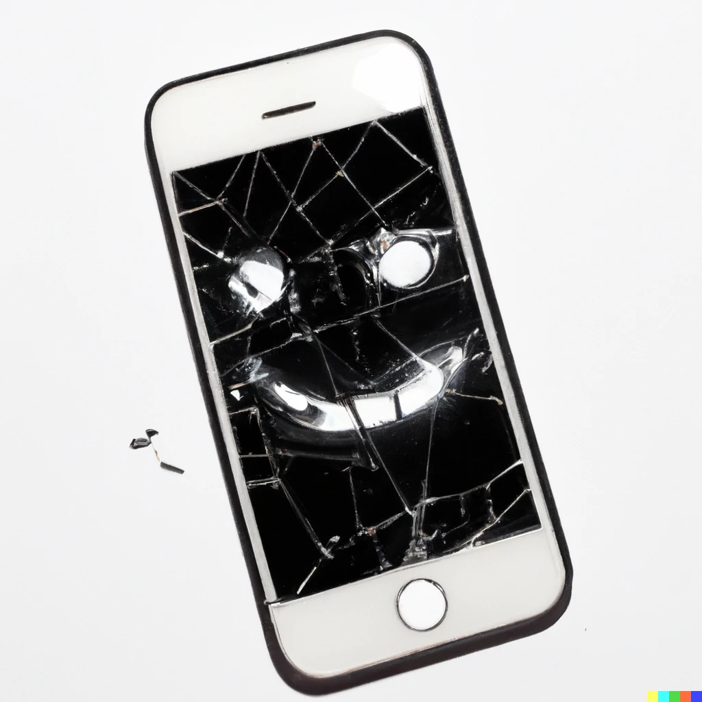 Prompt: An iPhone with a shattered screen in the shape of a smiley face