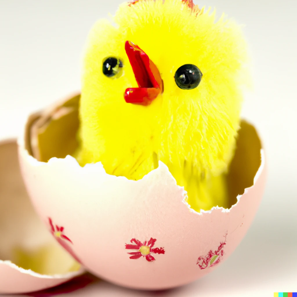 Prompt: A toy chick hatching out of an Easter egg.