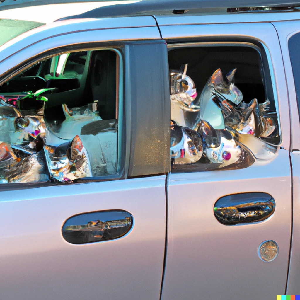 Prompt: A minivan infested with cats, blog photo