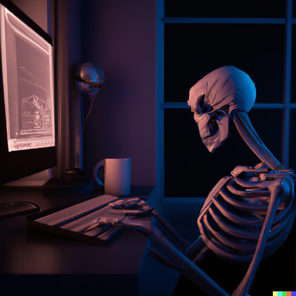 Prompt: A sleep deprived skeleton with eyebags staring at his computer in a room, dimly lit by light on monitor, digital art