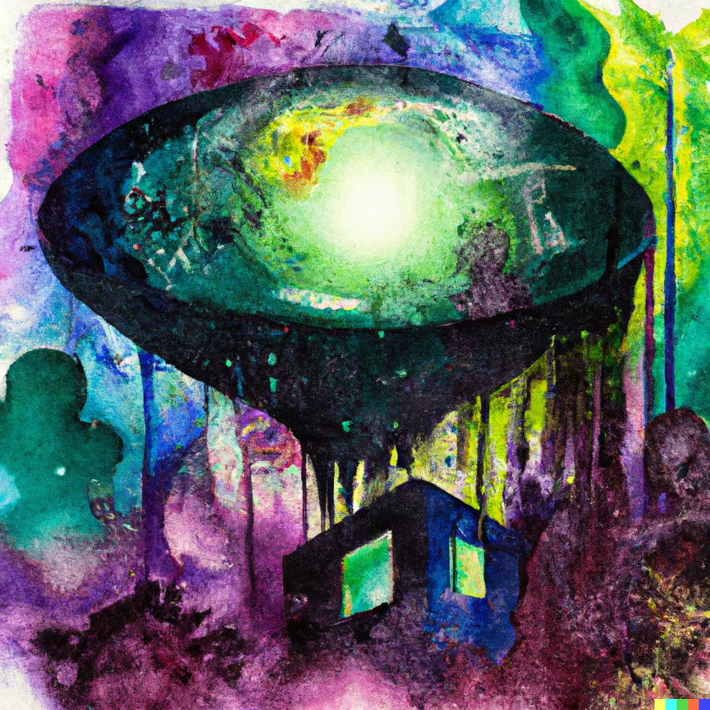 Prompt: watercolor cosmos behind wet solarpunk colony imaginarymindscapes reddit