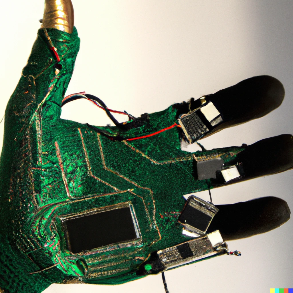 Prompt: A  hand wearing a technology glove that looks like it was made from spare parts, with wires and circuit boards visible, photography