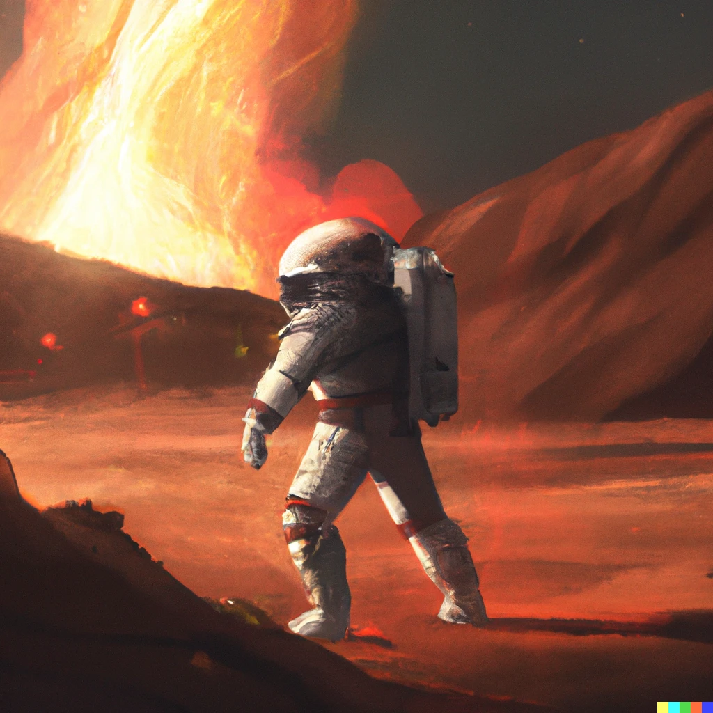 Prompt: An astronaut exploring a planet made of fire, digital art 