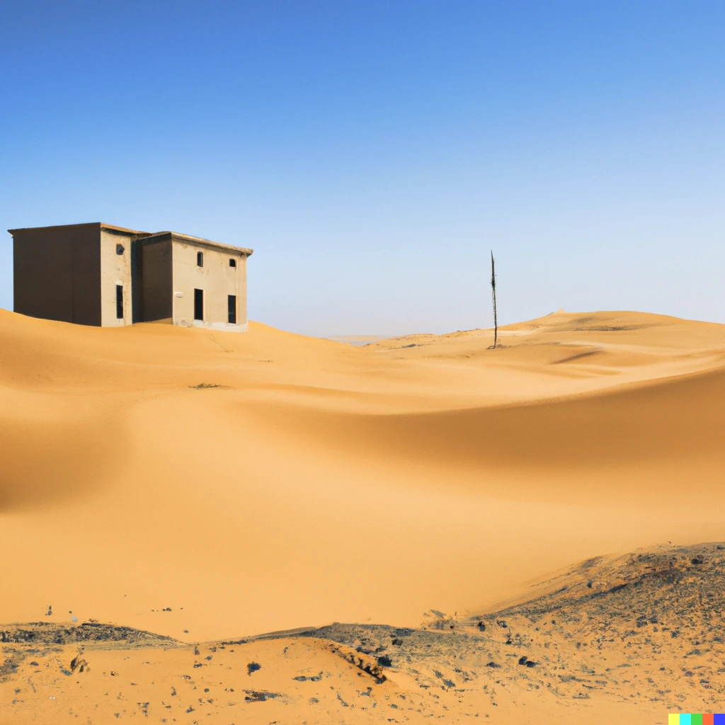 Prompt: A house sitting in the middle of the Sahara desert, photography