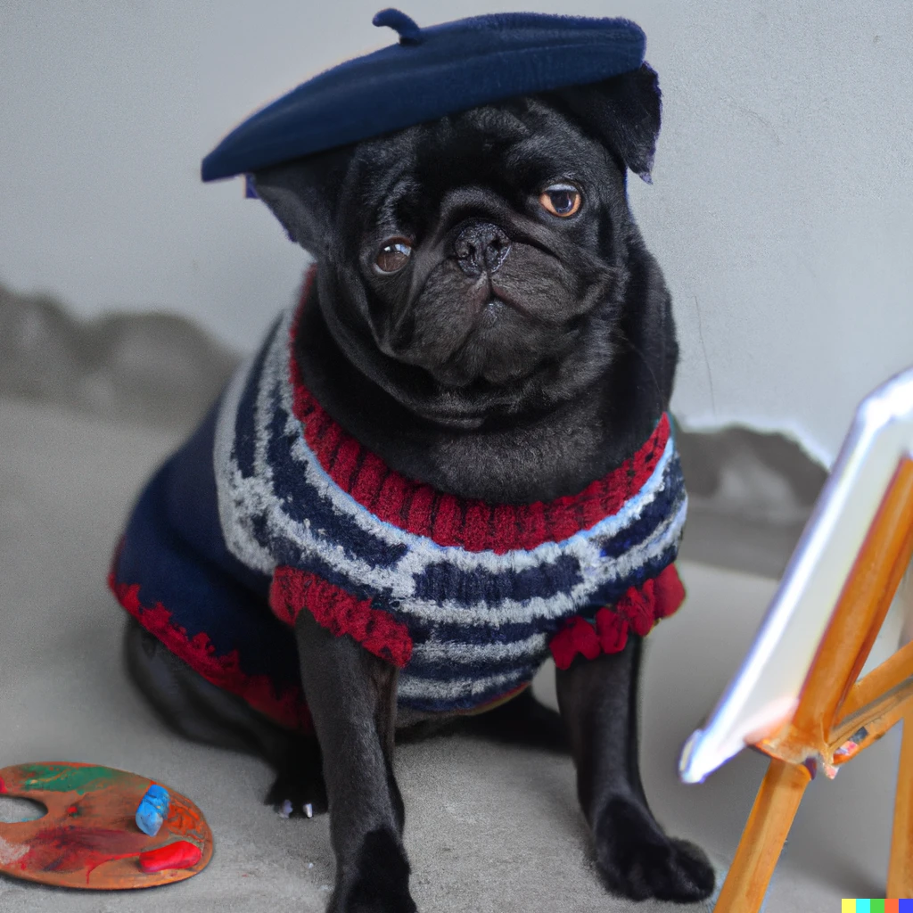 Prompt: A dog wearing a black beret and a sweater, sitting in front of a small easel. next to him, there is a small palette
