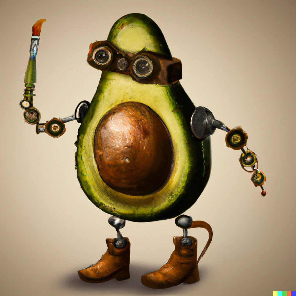 Prompt: An avocado with steampunk arms and legs holding a small paintbrush and painting palette, digital art