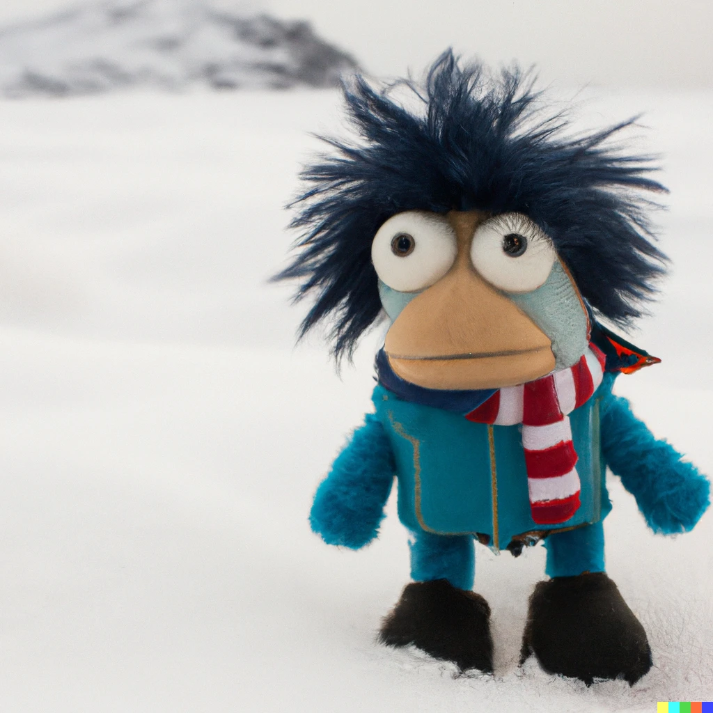 Prompt: Photograph of a muppet explorer lost in Antarctica with no way home