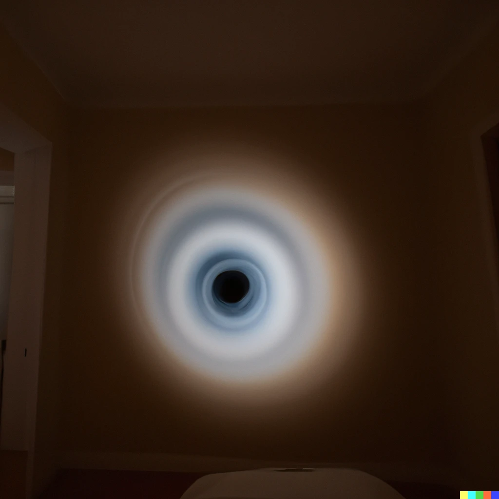 Prompt: A vortex like portal opening on a bedroom wall, photography