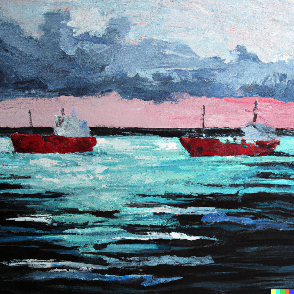 Prompt: painting of two vessels moving away from the sea during the evening\