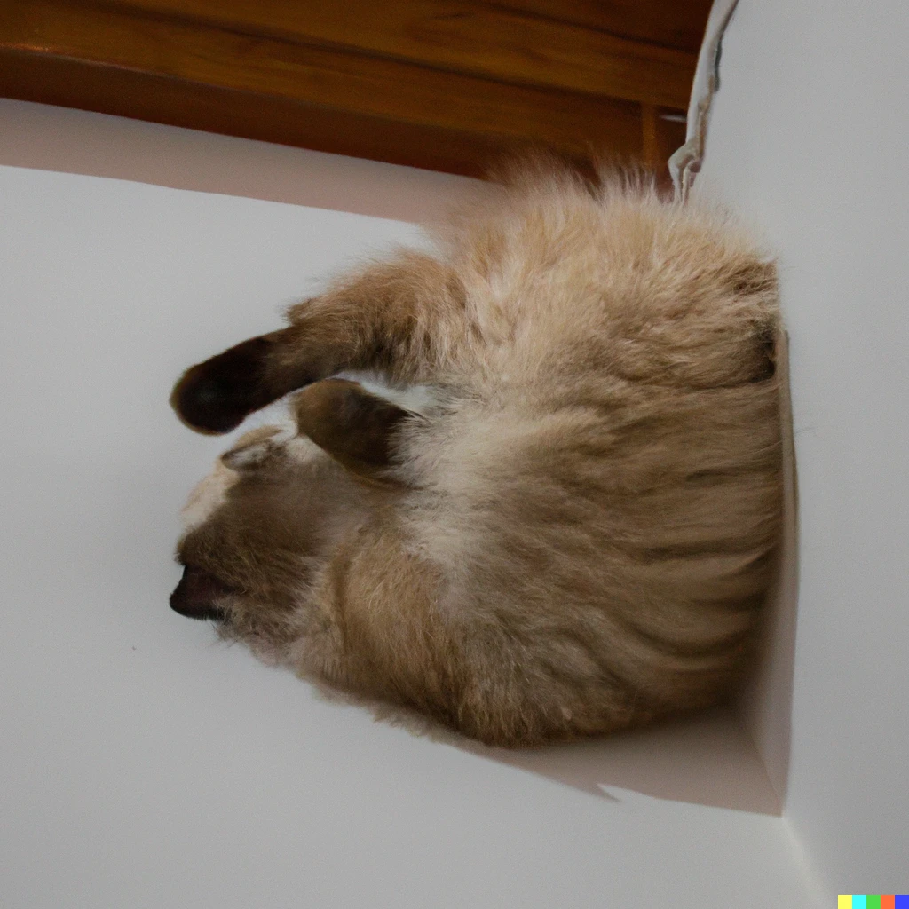Prompt: A cat sleeping on the ceiling as if it were the floor, photography