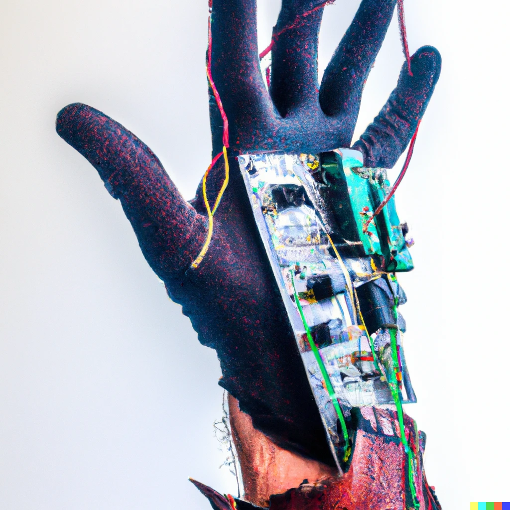 Prompt: A  hand wearing a technology glove that looks like it was made from spare parts, with wires and circuit boards visible, photography