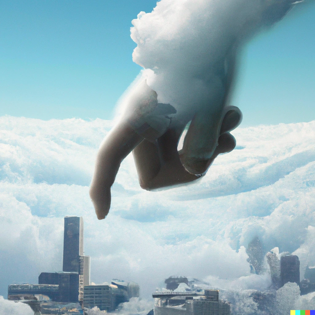 Prompt: a hand made of clouds reaching down to touch a city with one finger, digital art