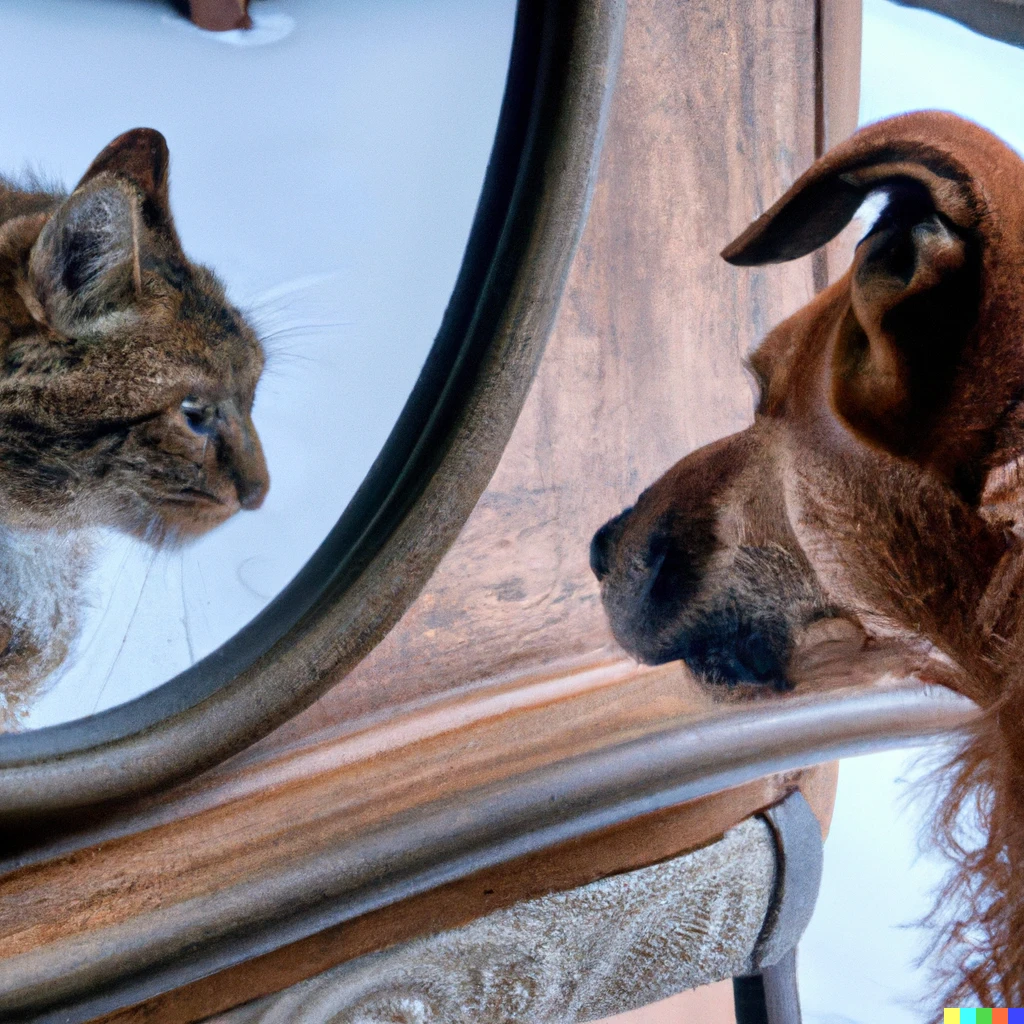 Prompt: A dog looking in the mirror curiously, seeing a cat.