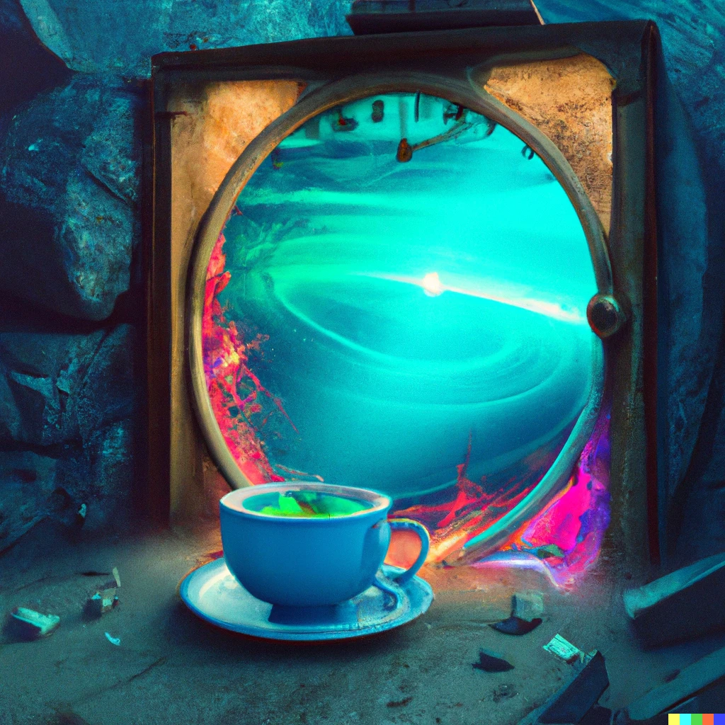 Prompt: a cup of tea with a magical time travel portal, digital art