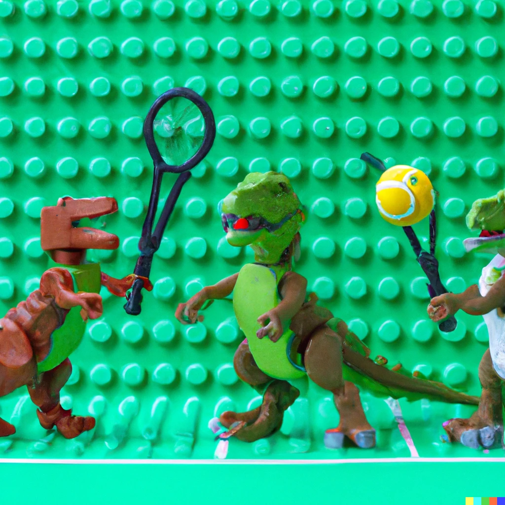 Prompt: Three dinosaurs (T-Rex, velociraptor, spinosaurus) are playing tennis, this is made from LEGO. 