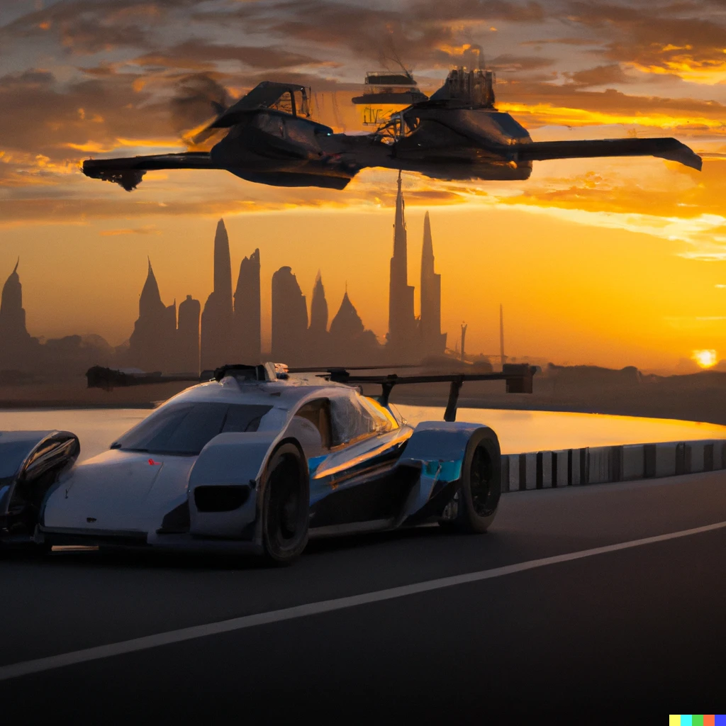 Prompt: A futuristic German flying car with two small turbine engines in Dubai at sunset during a racing event [4k] 