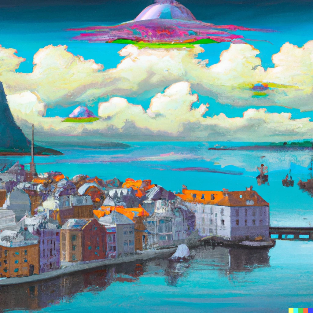 Prompt: a painting of the town of aalesund in the year 2100, with spaceships landing in the water, painted in art noveau style