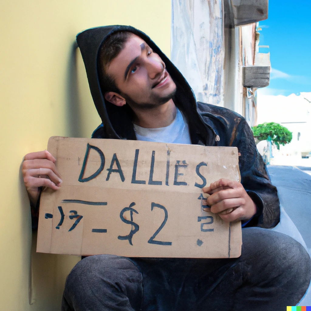 Prompt: a guy becomes homeless after being addicted to buying dalle2 credits on a street corner holding a sign and asking for 15 cents to make dalle2 prompts