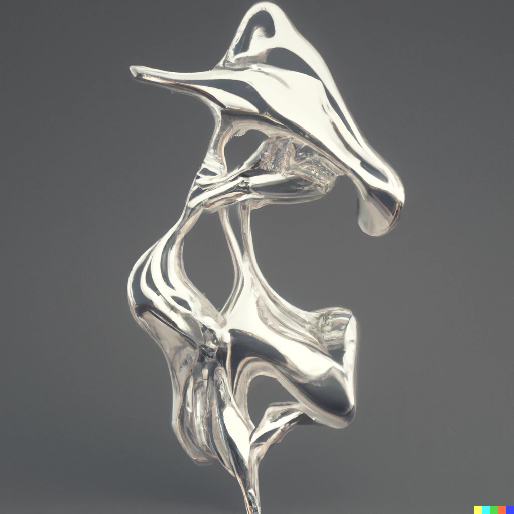Prompt: Abstract sculpture of a shiny silver metal sculpture that appears liquid and fluid, generative art 