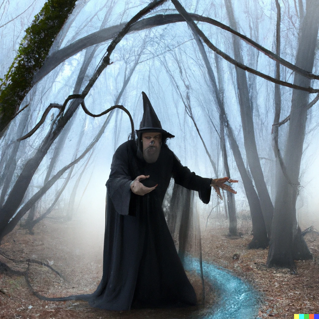 Prompt: A terrible wizard approaches through the cobwebbed trees throuogha foggy grove.